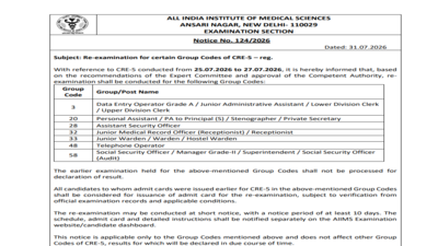 AIIMS CRE 5 re-exam announced for 7 group codes: Check official notice here